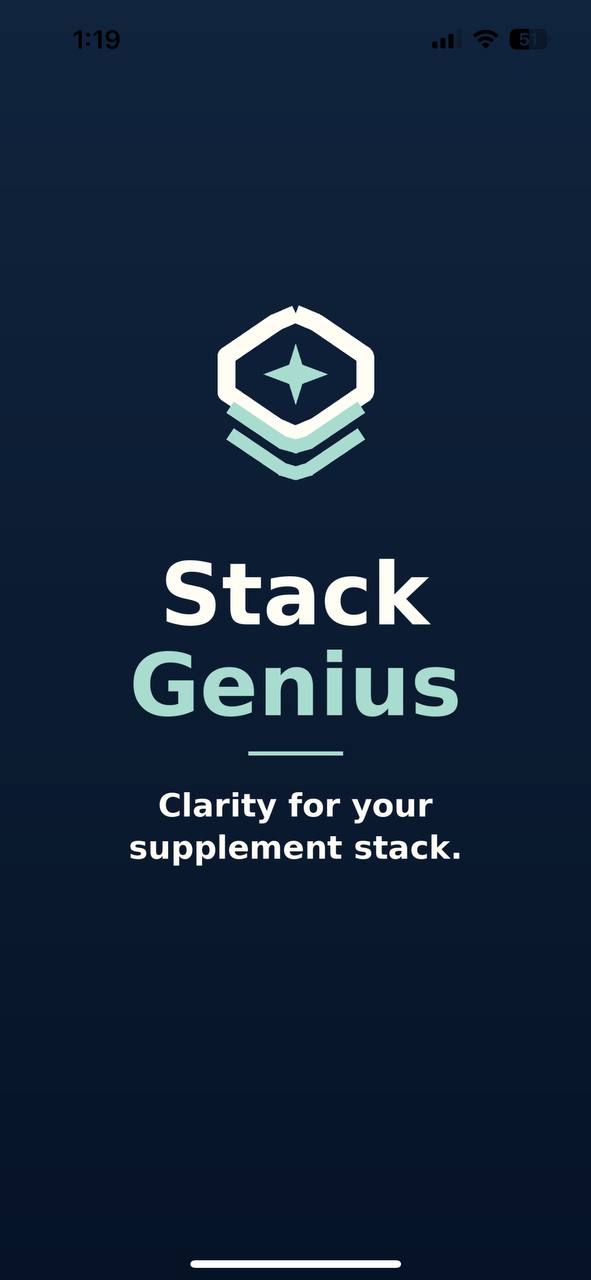 Stack Genius splash screen showing the logo and clarity for your supplement stack tagline